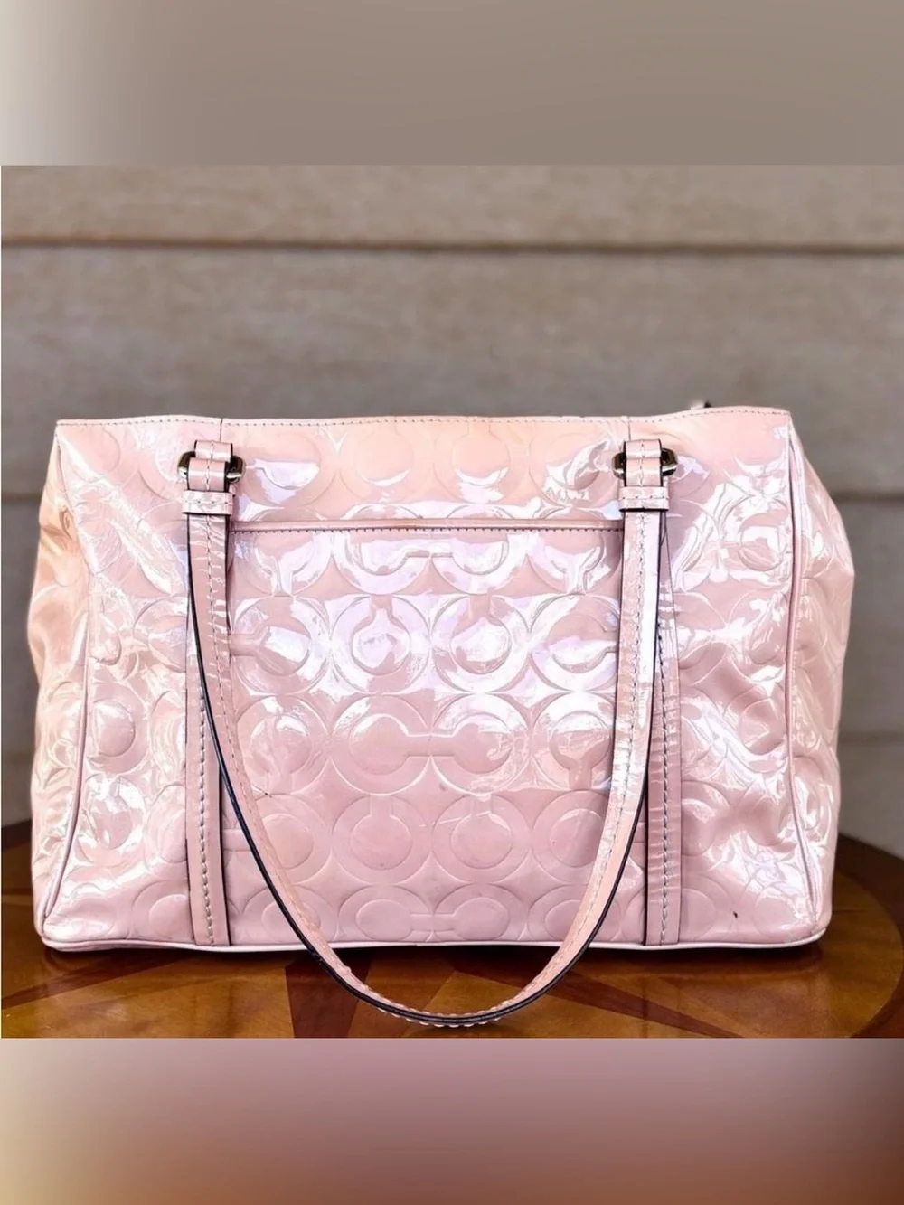 Coach “Peyton Op Art” F24607 Patent Leather Glossy Carry All Bag in Light Pink